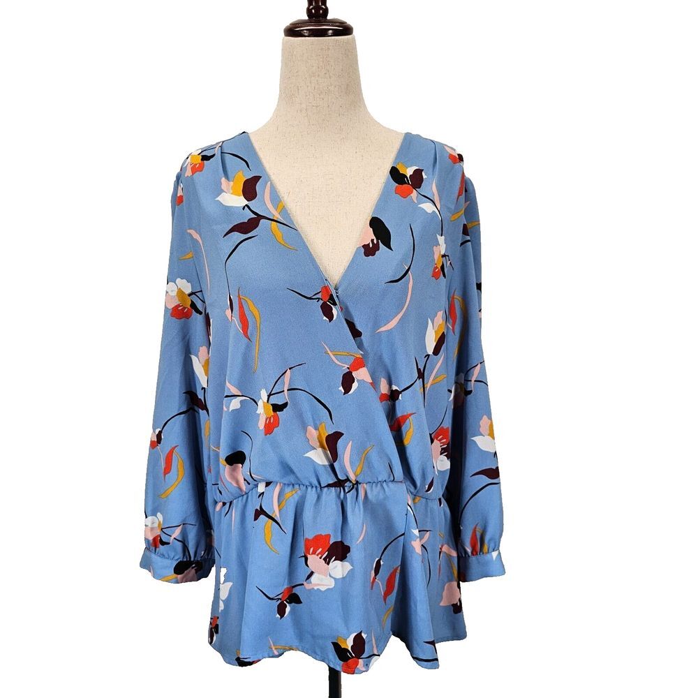 Halogen Womens Surplice Peplum Blouse Size XL Blue Purple Floral Long Sleeve NWT